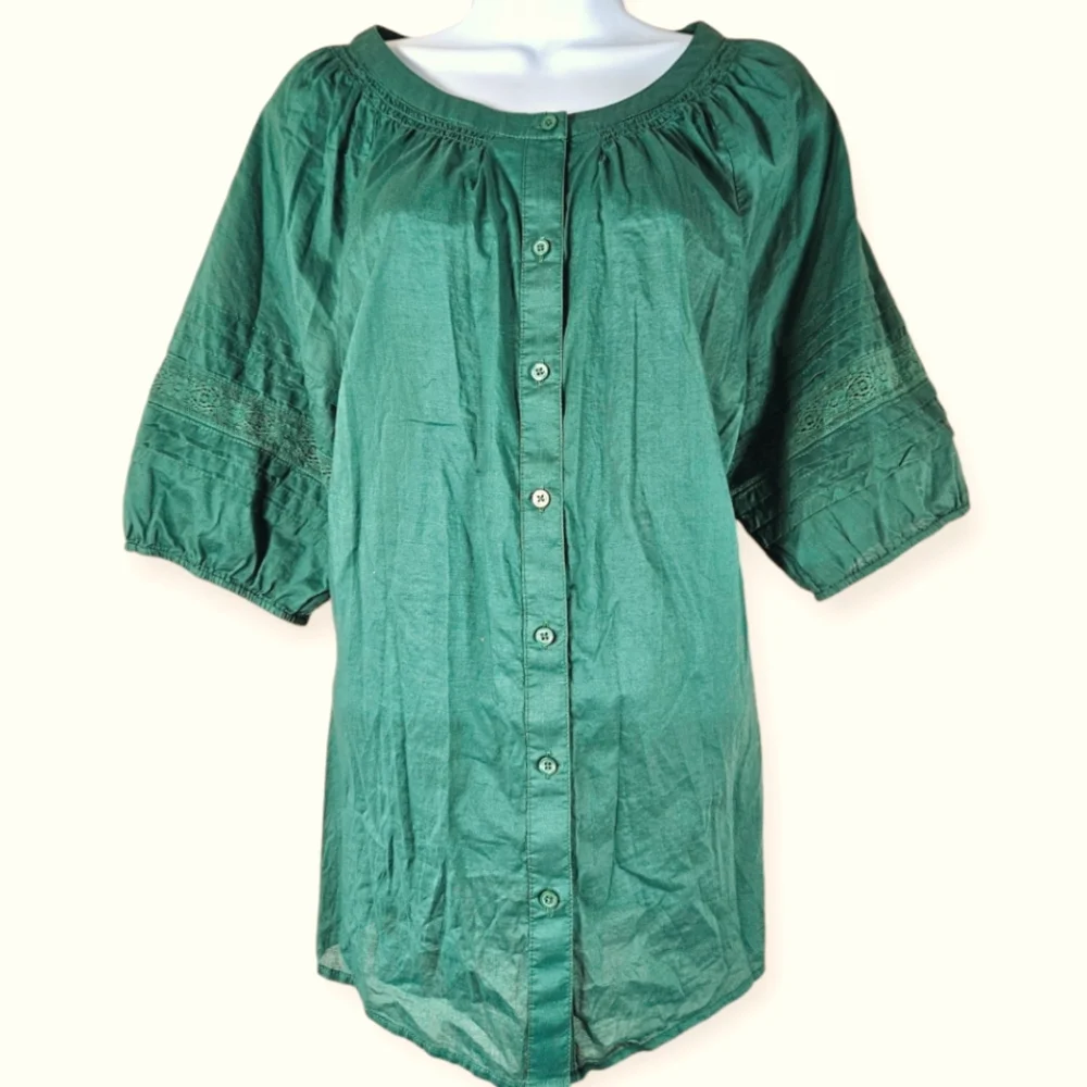 NWOT Talbots green cotton peasant blouse top Womens Large